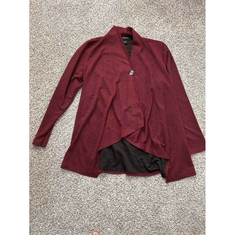 AB Studio Women's Red Black Striped Asymmetric Draped Button Cardigan Sweater L